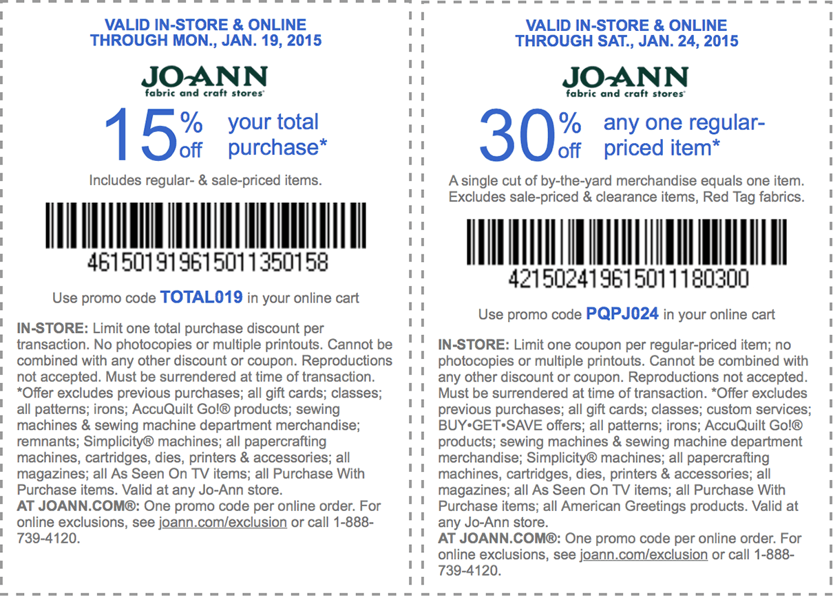 Today's Jo-Ann Coupon Of The Day 3. Maximize your holiday savings by shopping in-store with multiple JoAnn printable coupons. You can combine a single-item discount coupon with a percent-off the whole purchase coupon in one trip. If you shop online, a single JoAnn promo code can be used. 4.